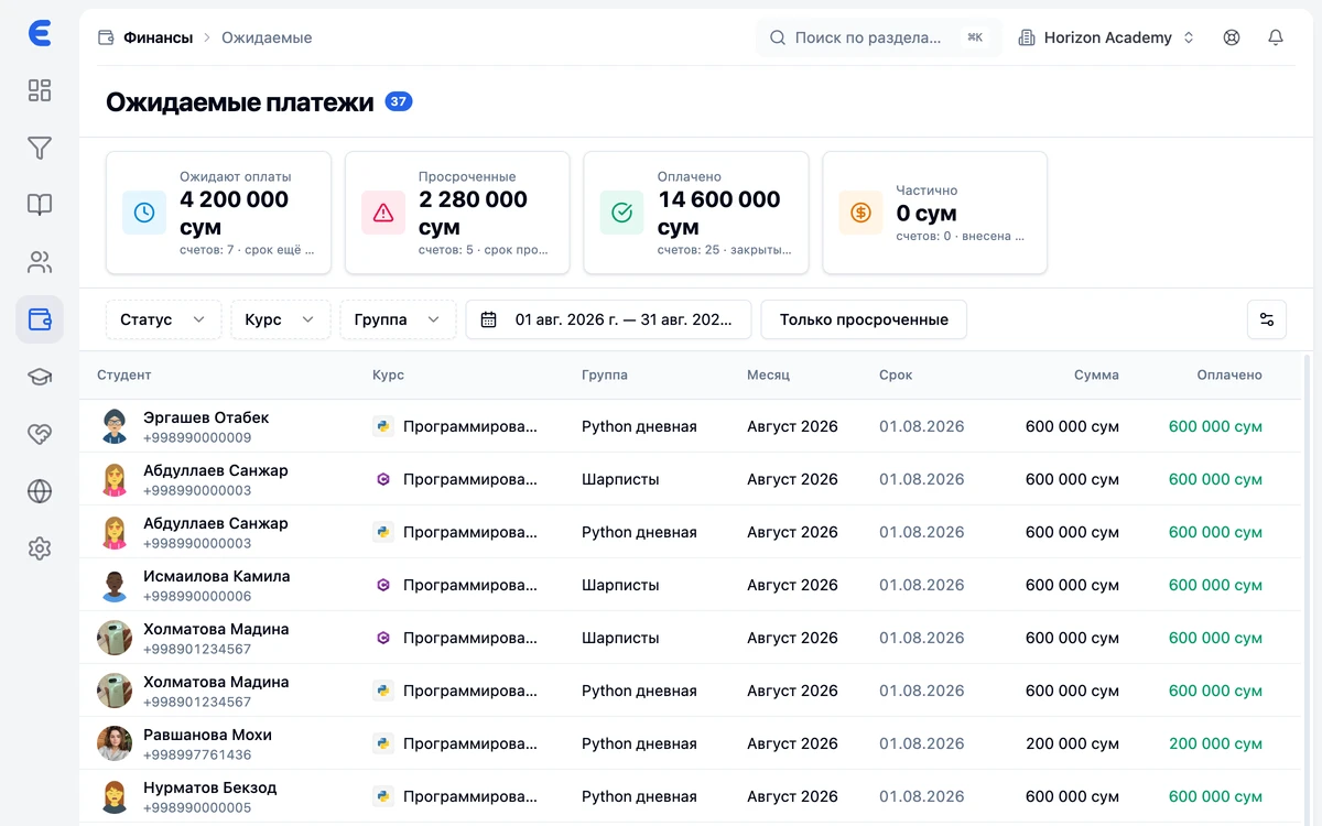 Ожидаемые платежи и задолженность в EdSys