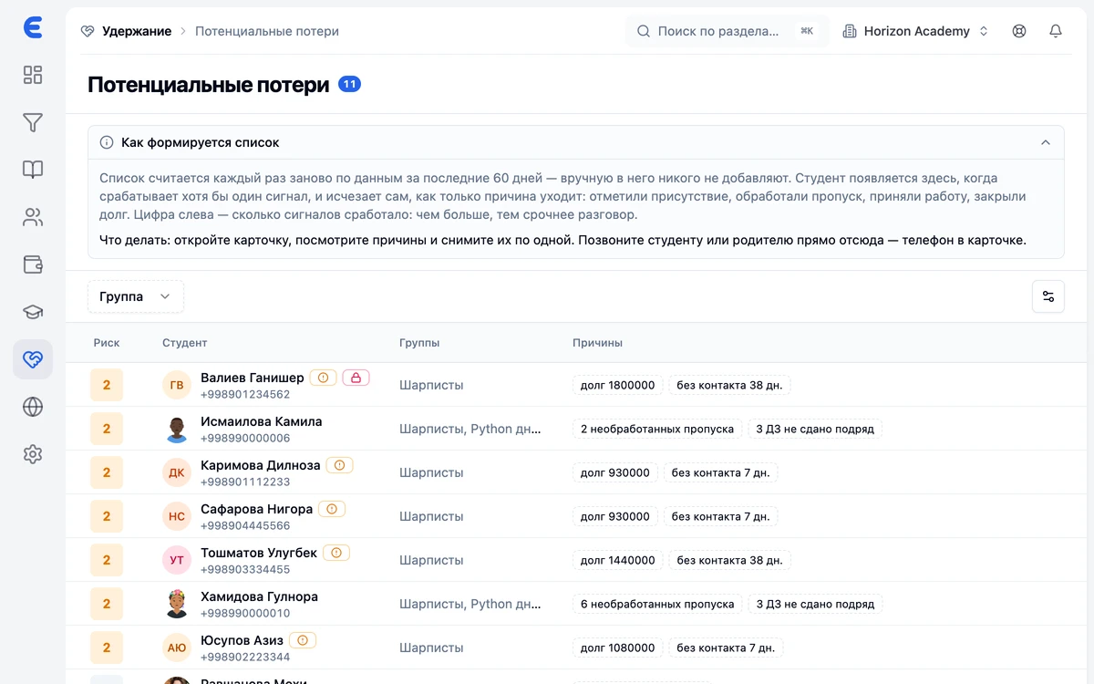 Группа риска и удержание студентов в EdSys